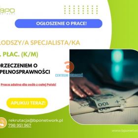Młodszy Specjalista/Młodsza Specjalistka ds. płac. z orzeczeniem o niepełnosprawności - praca zdalna dla osób z całej Polski