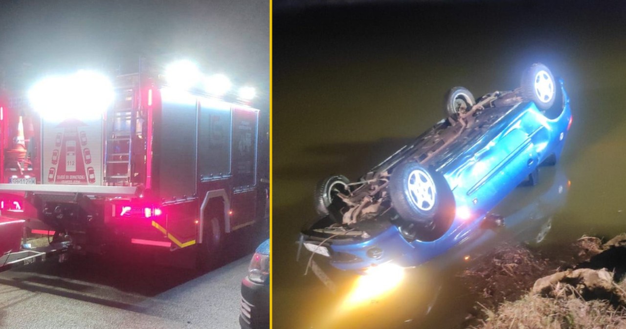 Samochód z czterema osobami dachował, po czym wpadł do zbiornika wodnego