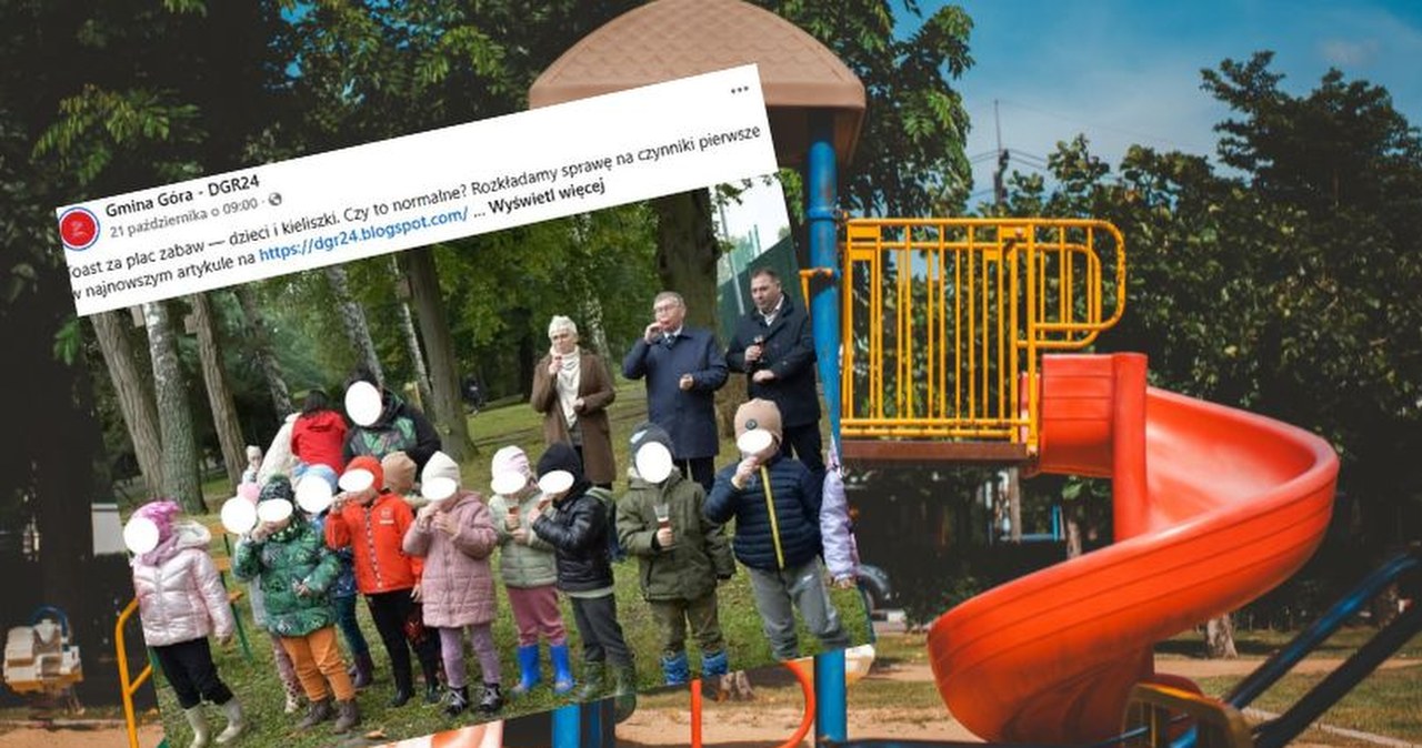 Dzieci z kieliszkami w rękach. Kontrola kuratora po otwarciu placu zabaw