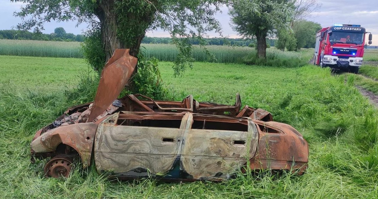 Spalony wrak auta zawisł na wierzbie. Nietypowa interwencja strażaków