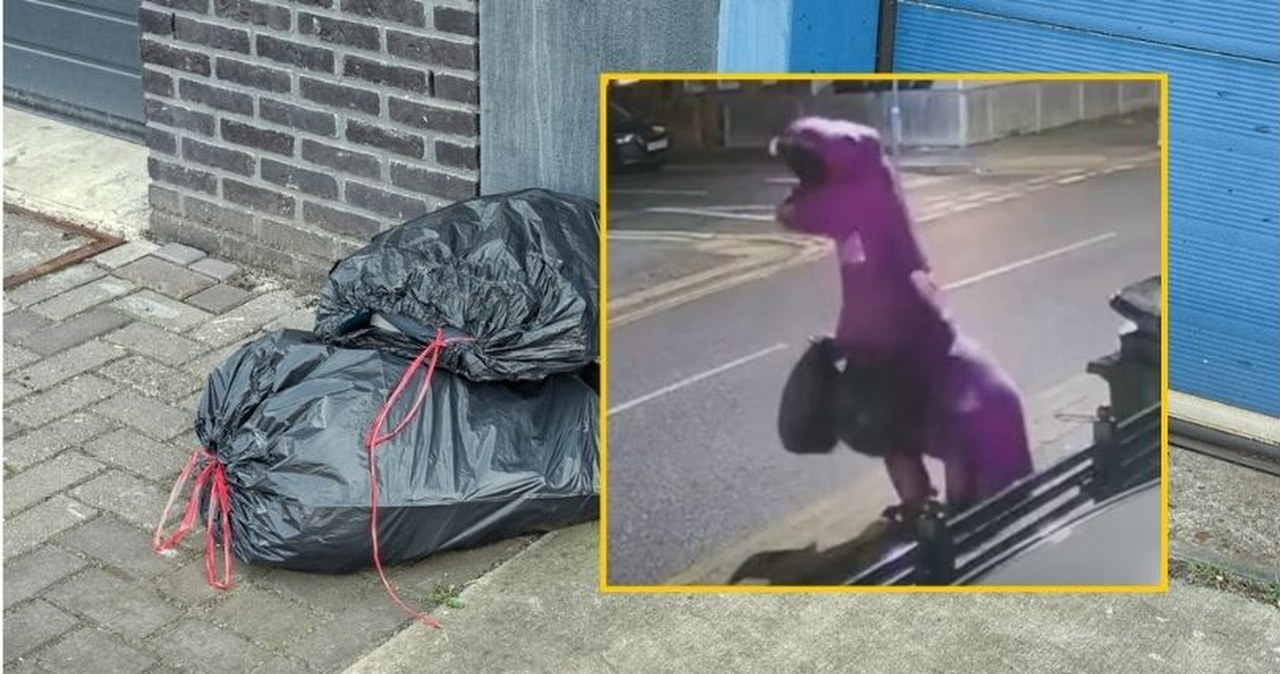 Zuchwały dinozaur w akcji! Wyrzucił śmieci, zatańczył z latarnią i uciekł w mrok