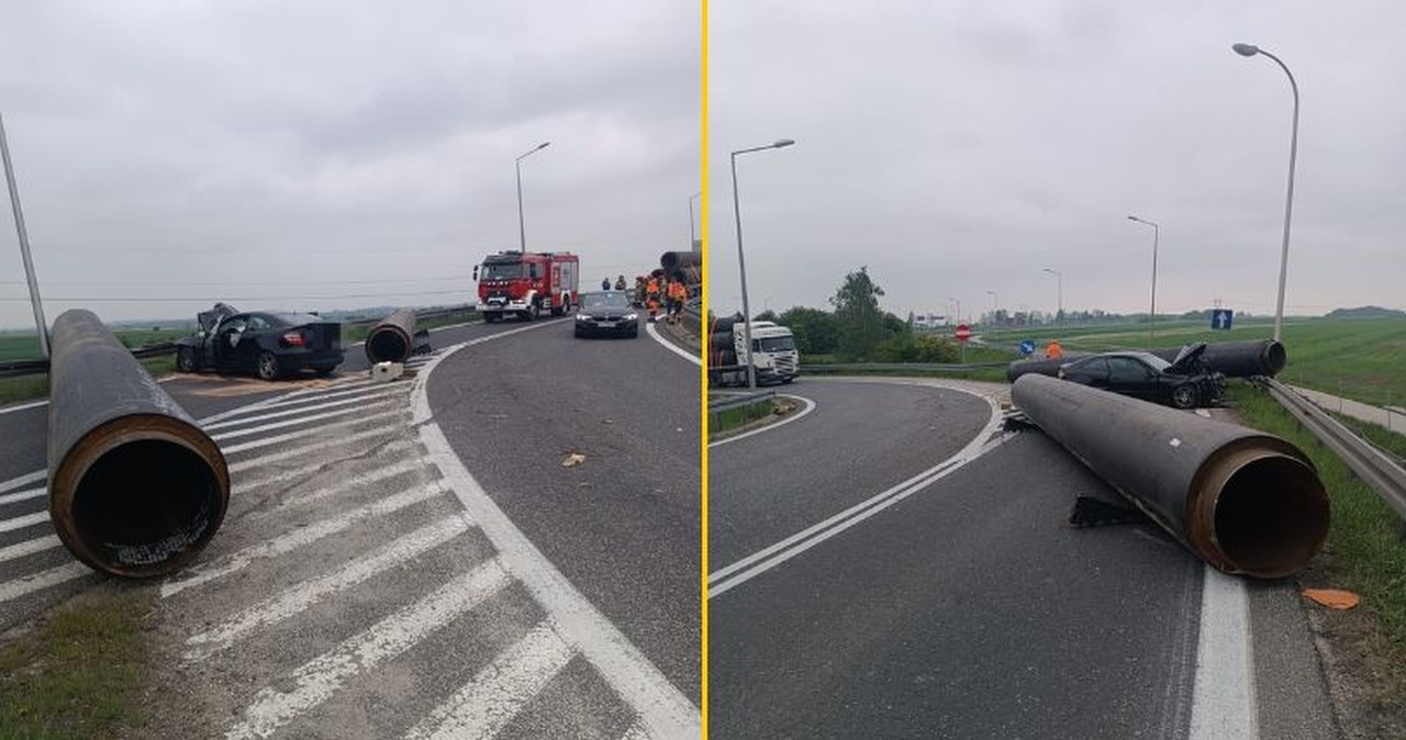 Stalowe rury spadły na samochód. Dramatyczny wypadek w Świętokrzyskiem
