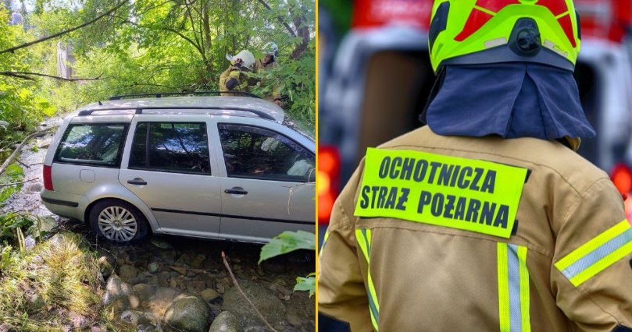 Auto wypadło z drogi i wjechało do potoku