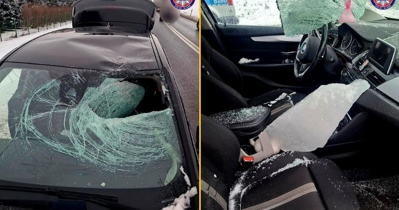 Bryła lodu spadła z tira i przebiła szybę jadącego z tyłu BMW