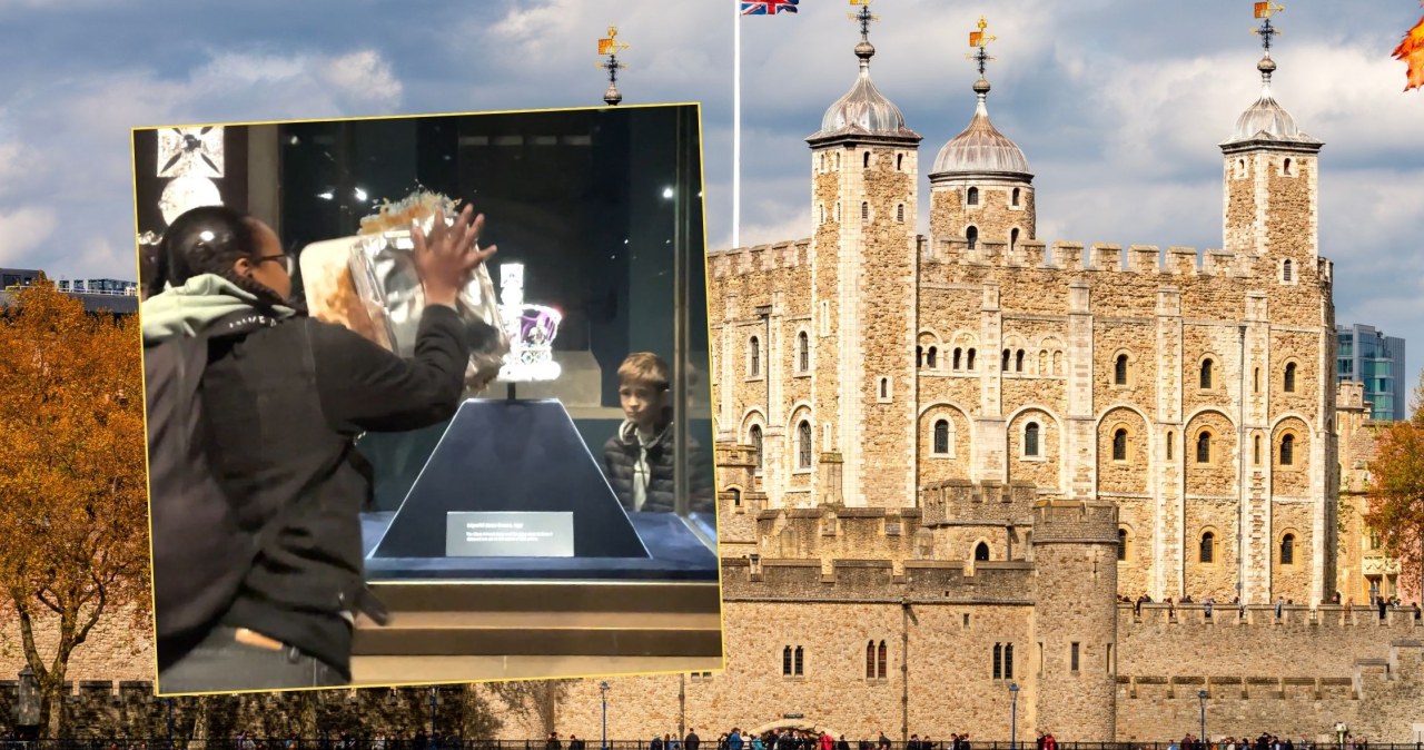 Obrzucili gablotę z koroną królewską kremem. Jest nagranie