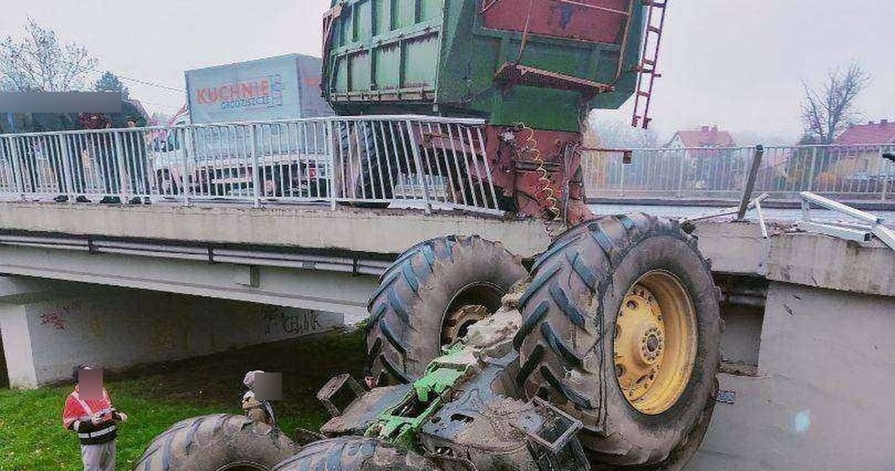 ​Groźny wypadek na Dolnym Śląsku. Ciągnik spadł z mostu
