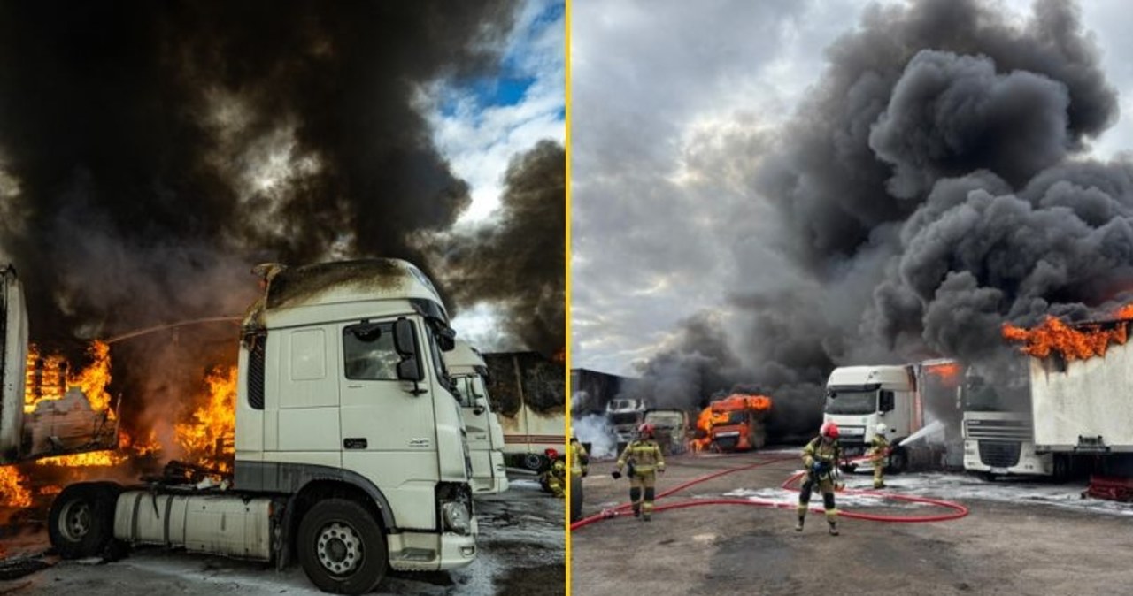 Gigantyczny pożar hali z ciężarówkami na Mazowszu. ZDJĘCIA