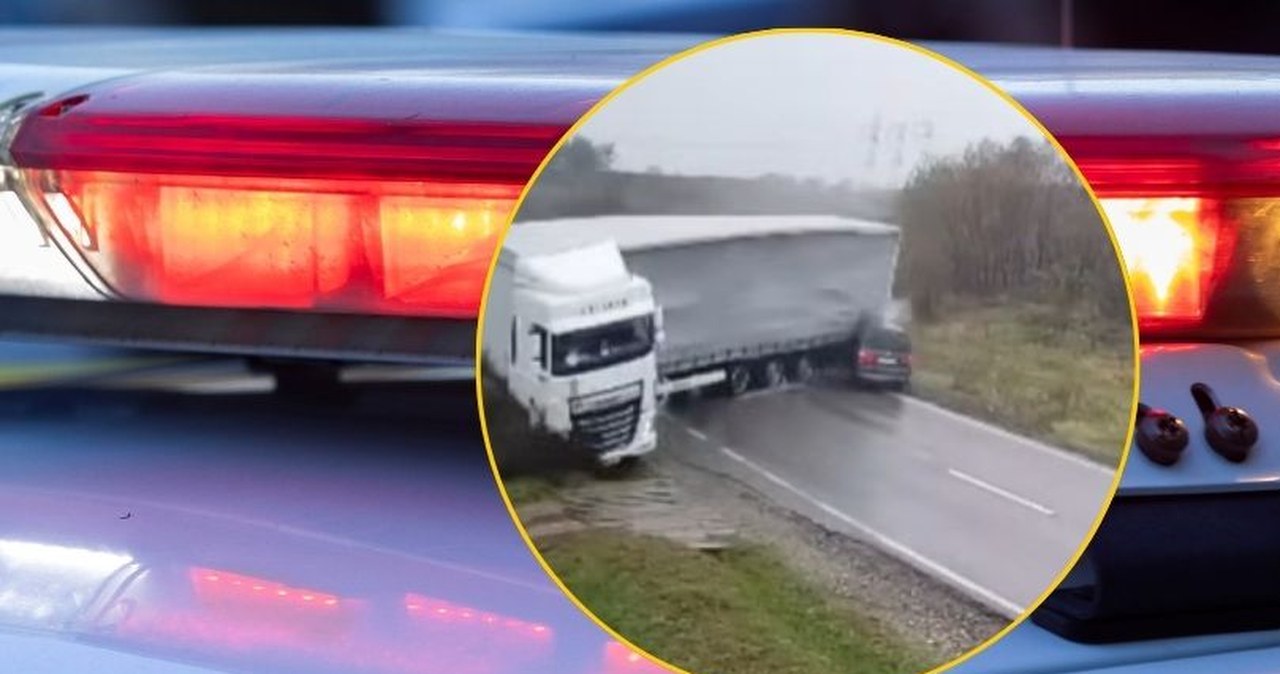 Ciężarówka w poślizgu "zmiotła" osobówkę. Nagranie ku przestrodze