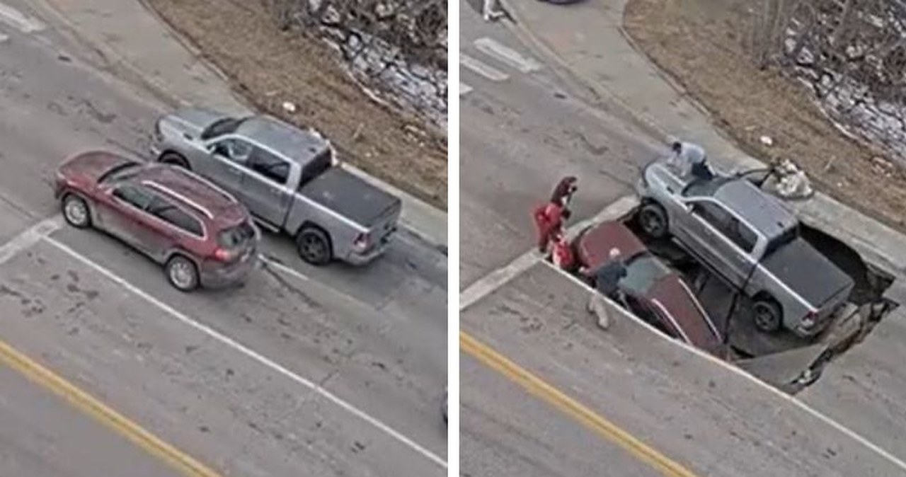 Kierowcy czekali na zielone. Nagle dziura wciągnęła ich auta