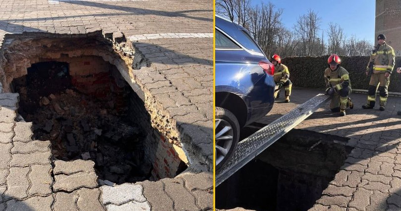 Zapadlisko przy zamku w Człuchowie. Ziemia osunęła się pod autami