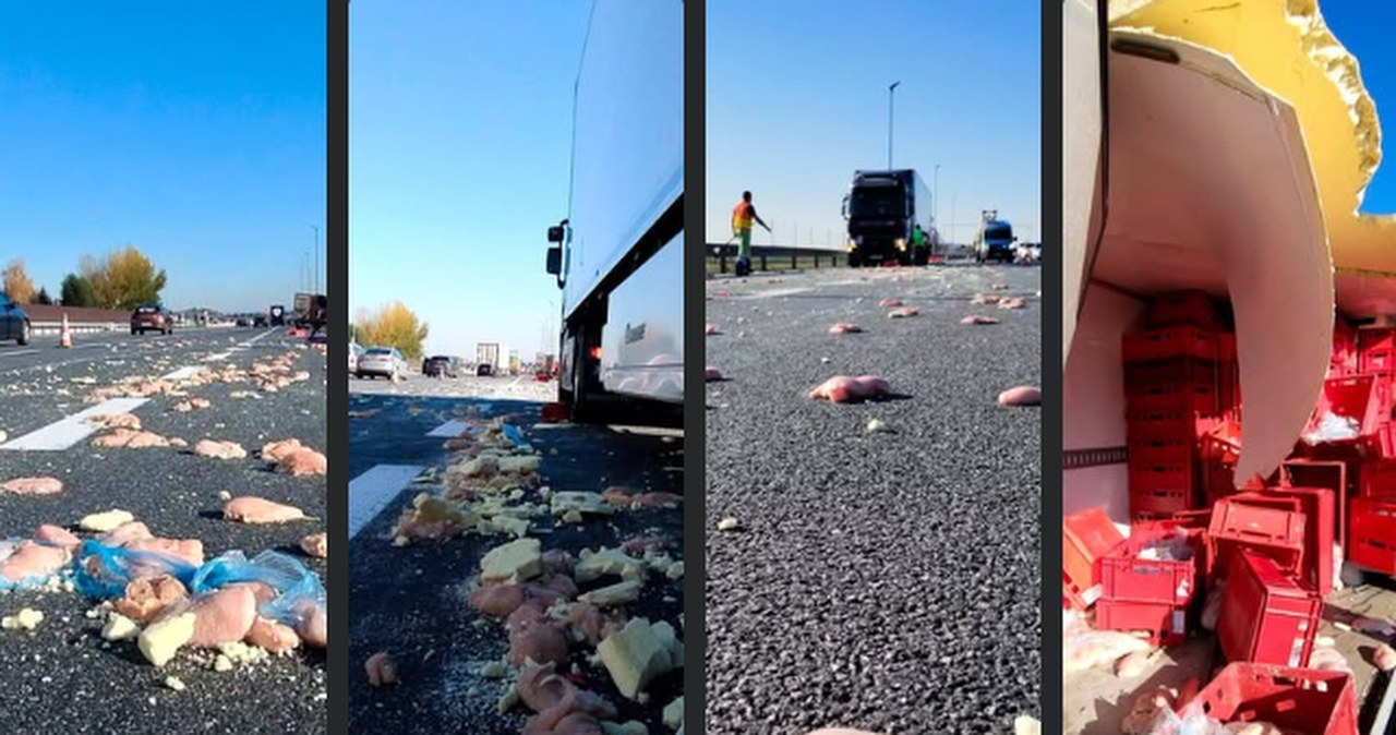 Mrożone mięso na autostradzie. Nietypowa kolizja pod Balicami
