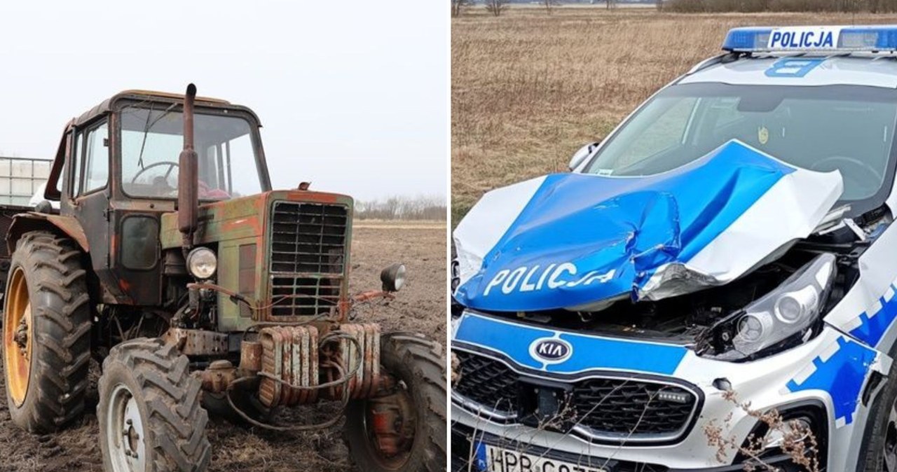 Szaleńczy pościg za traktorem. Radiowóz nie miał szans, obracało nim jak zabawką