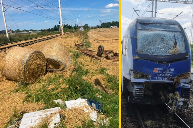 Rozbita lokomotywa, zmiażdżona przyczepa, rozrzucone siano. Wypadek na kolei