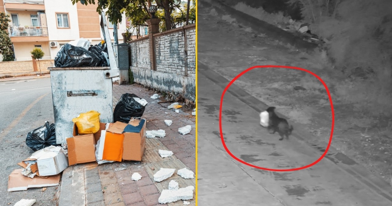 Mały pies wędrował z workiem śmieci w pysku. Nie pierwszy raz