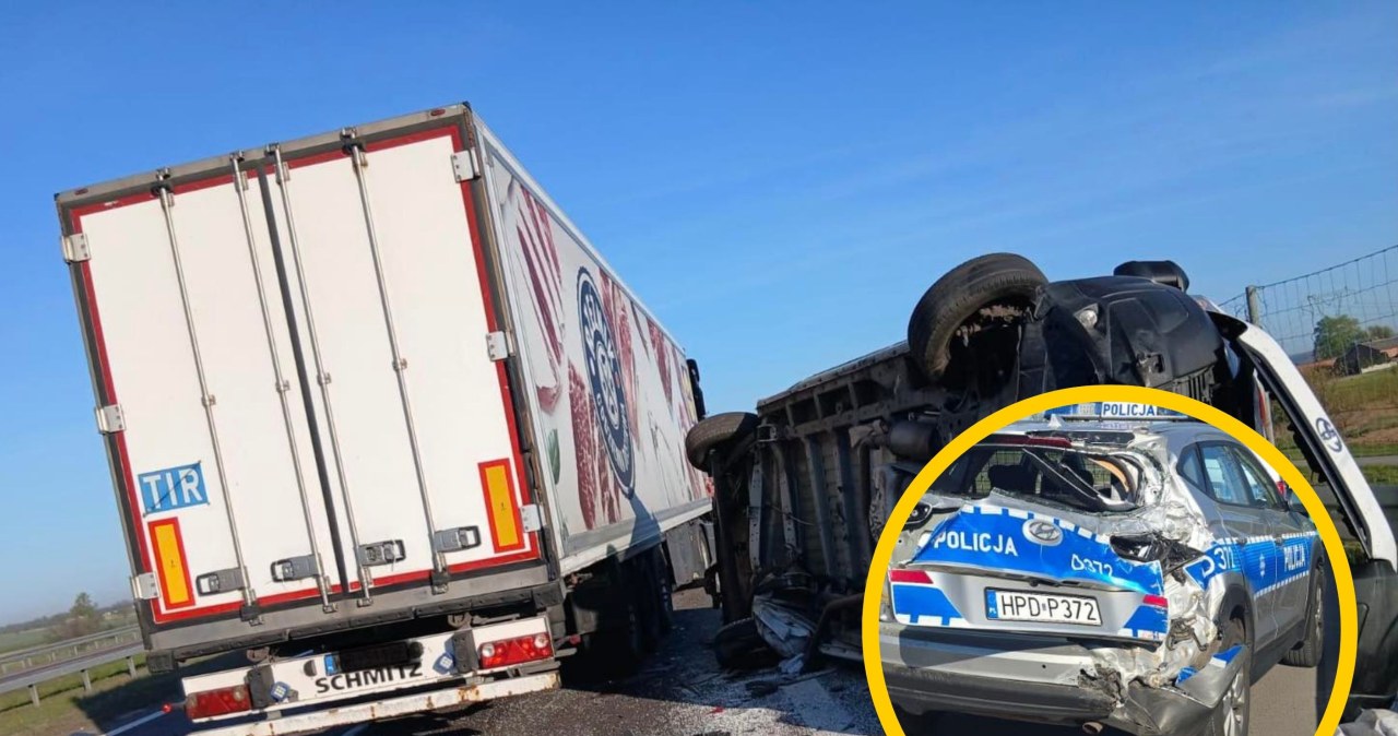 Uszkodzony radiowóz, rozbite auto służby drogowej. Wypadek na S17